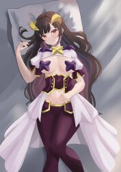 Rule 34 | 1girl, bed, blush, breasts, brown hair, cape, closed mouth, cosplay, curled horns, dot nose, estebaneishon1, eyebrows, eyelashes, feet out of frame, female focus, hand on own stomach, hand up, head on pillow, hiiragi utena, horns, indie virtual youtuber, large breasts, long hair, looking at viewer, lying, magia baiser, magia baiser (cosplay), multicolored hair, navel, on back, on bed, orange eyes, pants, pasties, pillow, pink hair, puffy short sleeves, puffy sleeves, purple pants, purple pasties, purple sash, sash, short sleeves, shrug (clothing), smile, solo, star pasties, streaked hair, two-tone hair, two-tone pants, two-tone sash, virtual youtuber, waist cape, white cape, white shrug, yellow horns, yellow pants, yellow sash, yomeguri hana
