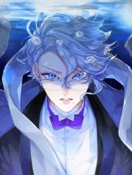 Rule 34 | 1boy, air bubble, azul ashengrotto, bad id, bad pixiv id, blue background, blue eyes, bow, bowtie, bubble, collared shirt, dress shirt, formal, glasses, hair between eyes, looking at viewer, male focus, mole, mole under mouth, parted lips, purple bow, purple bowtie, shirai, shirt, sidelocks, silver hair, solo, stole, submerged, suit, twisted wonderland, underwater, upper body, white shirt, wing collar