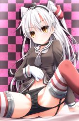 Rule 34 | 10s, 1girl, amatsukaze (kancolle), bad id, bad pixiv id, black panties, brown eyes, checkered background, clothes lift, dress, evandragon, garter straps, gloves, highres, kantai collection, long hair, looking at viewer, navel, panties, panty pull, personification, sailor dress, school uniform, serafuku, shirt lift, short dress, silver hair, solo, striped clothes, striped thighhighs, thighhighs, twintails, two side up, underwear