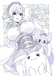 Rule 34 | 10s, 1girl, :3, beret, breasts, charlotte (madoka magica), convenient censoring, corset, detached sleeves, drill hair, fingerless gloves, gloves, greyscale, hair ornament, hairpin, hat, jpeg artifacts, kyubey, large breasts, magical girl, mahou shoujo madoka magica, mahou shoujo madoka magica (anime), monochrome, nobita (makoto7060355), pleated skirt, puffy sleeves, skirt, tomoe mami, traditional media, twin drills, twintails, upskirt