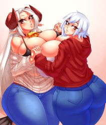 Rule 34 | 2girls, animal ears, ass, bare shoulders, bell, bikini, bikini top only, blush, breast press, breasts, bursting breasts, cleavage, collarbone, cowbell, curvy, denim, dotil, gradient background, hanako (debaucheryninja), highres, holding hands, hood, hoodie, horns, huge ass, huge breasts, jeans, long hair, looking at viewer, looking to the side, mole, mole under mouth, multiple girls, original, pants, parted lips, pink background, plump, red eyes, sheep girl, short hair, silver hair, sweater, symmetrical docking, thick thighs, thighs, vella (debaucheryninja), wide hips