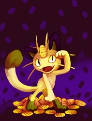 Rule 34 | absurdres, amulet coin, arm up, bad deviantart id, bad id, cat, coin, commentary, creatures (company), fangs, full body, game freak, gen 1 pokemon, glitchedpuppet, highres, holding, looking at viewer, meowth, nintendo, no humans, open mouth, paw pose, pokemon, pokemon (creature), pokemon move, purple background, signature, smile, solo, standing