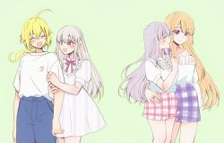 Rule 34 | 4girls, :d, ^ ^, ahoge, amano soraha, arm around waist, arm at side, arm hug, arms at sides, assault lily, bare shoulders, blonde hair, blue pants, bright pupils, brown eyes, buttons, closed eyes, closed mouth, collarbone, cowboy shot, dress, egawa kusumi, frilled shirt, frills, green background, grey hair, hair between eyes, hair ornament, hair ribbon, hand on another&#039;s hip, hand up, hands up, high-waist shorts, highres, jewelry, kon kanaho, long hair, long sleeves, looking at another, looking to the side, low ponytail, miyagawa takane, multiple girls, neck ribbon, off-shoulder shirt, off shoulder, open mouth, orange hair, pants, parted lips, pink ribbon, pink shorts, plaid, plaid shorts, pocket, ponytail, profile, puffy short sleeves, puffy sleeves, purple eyes, purple ribbon, purple shorts, ribbon, ring, shirt, shirt tucked in, short shorts, short sleeves, shorts, side-by-side, sidelocks, simple background, smile, sorato (astllatte), very long hair, white dress, white pupils, white shirt, wide sleeves, yuri