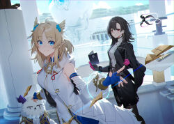Rule 34 | 2girls, animal, bare shoulders, black gloves, black hair, black jacket, blonde hair, blue eyes, blue gloves, book, closed mouth, dress, ex astris, fingerless gloves, gloves, hair between eyes, hair ornament, highres, holding, jacket, jewelry, long hair, long sleeves, looking at viewer, manganese (ex astris), multiple girls, outdoors, pantyhose, pointy ears, raitho, red eyes, smile, standing, vi3 (ex astris), weapon, yan (ex astris)