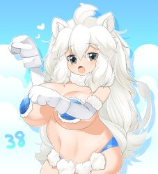 Rule 34 | 1girl, ahoge, animal ear fluff, animal ears, animal hands, bikini, bikini bottom only, blue bikini, blue sky, blush, breasts, cloud, commentary request, cowboy shot, elbow gloves, fang, fur-trimmed gloves, fur-trimmed pasties, fur bikini, fur collar, fur trim, gloves, grey eyes, hair between eyes, heart, highres, kemono friends, large breasts, lets0020, lion ears, lion girl, lion tail, long hair, looking at viewer, medium bangs, navel, numbered, open mouth, pasties, paw gloves, paw pose, sky, solo, swimsuit, tail, very long hair, white gloves, white hair, white lion (kemono friends)