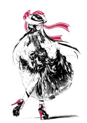 Rule 34 | 1girl, animal ears, clothes lift, dress, dress lift, from behind, full body, glasses, hair ribbon, high heels, highres, horned girl (jaco), horns, jaco, lifted by self, long hair, looking at viewer, looking back, monochrome, original, red-framed eyewear, red eyes, red ribbon, ribbon, short sleeves, simple background, smile, solo, spot color, standing, white background