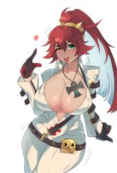 Rule 34 | 1girl, alternate hairstyle, blush, bodysuit, breasts, bursting breasts, cleavage, gloves, green eyes, guilty gear, heart, highres, jack-o&#039; valentine, large breasts, legs, lipstick, long hair, looking at viewer, makeup, one eye closed, open mouth, ponytail, red hair, smile, thick thighs, thighs, tongue, wide hips, wink