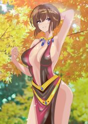 Rule 34 | 1girl, alternate costume, artist request, ass, bob cut, breasts, brown hair, cleavage, covered erect nipples, dress, large breasts, official alternate costume, ranma 1/2, revealing clothes, shiny skin, short dress, short hair, smile, tendou nabiki, wide hips