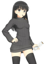 Rule 34 | 1girl, amagami, ayatsuji tsukasa, black eyes, black hair, blush, dress, feilong (rong0102), food, hand on own hip, long hair, looking at viewer, pocky, simple background, skirt, solo, sweater, sweater dress, thighhighs, turtleneck, white background