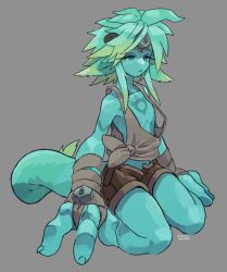 Rule 34 | 1boy, alien, blue eyes, blue hair, blue skin, colored skin, dated, expressionless, gowshi, grey background, half-closed eyes, highres, male focus, monster boy, original, oversized forearms, oversized limbs, short shorts, shorts, signature, simple background, sitting, solo, tail