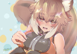 Rule 34 | 1girl, animal ears, bare shoulders, blazblue, blush, breasts, brown eyes, brown hair, hand on own chest, large breasts, looking at viewer, makoto nanaya, short hair, squirrel ears, squirrel tail, tail, teeth, upper teeth only, white hair, zone rr