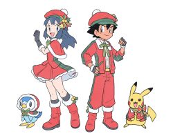 Rule 34 | 1boy, 1girl, :d, alternate costume, ash ketchum, black hair, black legwear, blue eyes, blush, boots, buttons, capelet, christmas, clenched hand, clothed pokemon, commentary request, creatures (company), dawn (pokemon), dododo dadada, eyelashes, fingerless gloves, game freak, gen 1 pokemon, gen 4 pokemon, gloves, hand on own hip, hand up, hat, jacket, long hair, nintendo, open mouth, pants, pikachu, piplup, pokemon, pokemon (anime), pokemon (creature), pokemon dppt (anime), red capelet, red footwear, red headwear, red jacket, red pants, ribbon, shirt, short hair, skirt, smile, socks, spiked hair, standing, tongue