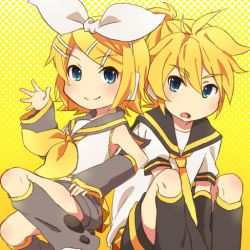 Rule 34 | 1boy, 1girl, between legs, blonde hair, blue eyes, bow, brother and sister, detached sleeves, hair bow, hair ornament, hair ribbon, hairclip, hand between legs, headphones, kagamine len, kagamine rin, leg warmers, necktie, open mouth, reki (arequa), ribbon, sailor collar, short hair, shorts, siblings, smile, twins, vocaloid, waving, yellow background, yellow necktie