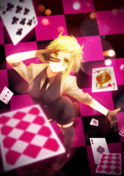 Rule 34 | 1girl, bad id, bad pixiv id, blurry, card, depth of field, floating card, formal, from above, garter straps, gloves, green eyes, green hair, gumi, horns, matching hair/eyes, necktie, playing card, poker face (vocaloid), short hair, solo, suit, thighhighs, vocaloid, zuoyou