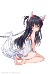 Rule 34 | 1girl, absurdres, animal ears, ass, bad id, bad pixiv id, barefoot, black hair, blush, camisole, cat ears, cat tail, chain, chain leash, collar, feet, full body, highres, leash, legs, long hair, looking back, maett, no pants, original, panties, ponytail, red eyes, simple background, sitting, soles, solo, tail, thighs, toes, underwear, very long hair, white background, white camisole, white panties