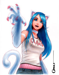 Rule 34 | 1girl, animal ears, animal hands, blue eyes, blue hair, cat ears, cat paws, cat tail, claws, felicia (vampire), lips, long hair, marker (medium), matching hair/eyes, monster girl, omar dogan, open mouth, signature, simple background, solo, tail, tank top, traditional media, uvula, vampire (game)
