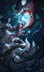 Rule 34 | 1girl, 1other, absurdres, ahri (league of legends), angry, animal ear fluff, animal ears, artist logo, ass, black hair, breasts, citemer, clenched hand, clenched teeth, commentary, crossover, english commentary, facial mark, fox ears, fox girl, full body, high heels, highres, kitsune, knee up, league of legends, long hair, marvel, navel, nude, open mouth, restrained, serious, sharp teeth, solo, teeth, thighs, tongue, tongue out, underboob, venom (marvel), whisker markings, yellow eyes