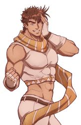 Rule 34 | 1boy, abs, alternate color, bare shoulders, battle tendency, belt, brown hair, catneylang, clenched hand, commentary, covered abs, covered erect nipples, cowboy shot, crop top, english commentary, film grain, fingerless gloves, gloves, green eyes, grin, hand on own face, highres, jojo no kimyou na bouken, joseph joestar, joseph joestar (young), looking at viewer, male focus, midriff, muscular, muscular male, navel, pants, scarf, short hair, simple background, smile, solo, stomach, striped clothes, striped scarf, symbol-only commentary, tank top, taut clothes, white background, white gloves, white pants, white tank top, yellow scarf