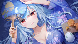 Rule 34 | 1girl, animal print, blue hair, blush, breasts, character request, chinese commentary, chocofox, cleavage, commentary request, floral print, floral print kimono, hand fan, hands up, highres, light brown hair, looking at viewer, lying, medium breasts, on back, open mouth, rabbit print, red eyes, smile, snow rabbit, solo, virtual youtuber