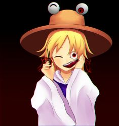 Rule 34 | 1girl, absurdres, black background, blonde hair, bloodshot eyes, body horror, brown hat, chromatic aberration, commentary request, cookie (touhou), gradient background, hat, highres, horror (theme), kaibara elena (cookie), long sleeves, looking at viewer, medium hair, moriya suwako, mumu (0x3777), one eye closed, open mouth, purple vest, pyonta, red background, red eyes, shirt, simple background, solo, teeth, tongue, touhou, upper body, veins, vest, white shirt, wide sleeves