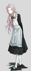 Rule 34 | 1boy, absurdres, ahoge, alternate costume, apron, arms behind back, black dress, black footwear, chinese commentary, closed mouth, collared dress, commentary request, crossdressing, dress, enmaided, frilled apron, frills, full body, grey background, hatsutori hajime, highres, kyoko (akakikyoko), long hair, long sleeves, maid, maid apron, male focus, male maid, mary janes, neck ribbon, pantyhose, parted bangs, pink hair, red eyes, red ribbon, ribbon, saibou shinkyoku, shoes, simple background, smile, solo, white apron, white pantyhose