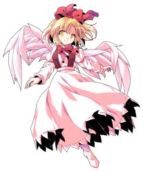 Rule 34 | 1girl, alphes (style), black vest, blonde hair, bow, bowtie, closed mouth, dairi, eyebrows, feathered wings, feathers, full body, gengetsu (touhou), hair between eyes, hair bow, long sleeves, parody, red bow, red bowtie, shirt, short hair, skirt, skirt set, smile, socks, solo, style parody, tareme, touhou, touhou (pc-98), transparent background, vest, white footwear, white shirt, white skirt, white wings, wings, yellow eyes