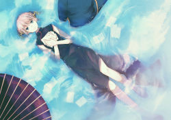 Rule 34 | 1boy, 1girl, alternate color, barefoot, black dress, black umbrella, blue eyes, double bun, dress, from above, frown, gintama, holding, holding letter, kagura (gintama), letter, looking at viewer, lying, oil-paper umbrella, on back, que4, short hair, silver hair, sleeveless, sleeveless dress, umbrella
