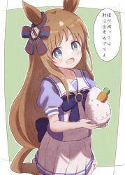 Rule 34 | 1girl, :d, animal ears, blue bow, blue eyes, blue shirt, blush, bow, bowl, brown hair, carrot, commentary request, frilled skirt, frills, grass wonder (umamusume), green background, highres, holding, holding bowl, horse ears, horse girl, horse tail, long hair, looking at viewer, open mouth, pleated skirt, puffy short sleeves, puffy sleeves, rice, rice bowl, school uniform, shirt, short sleeves, skirt, smile, solo, sunanuko (ramuneko), tail, tracen school uniform, translation request, two-tone background, umamusume, very long hair, white background, white skirt