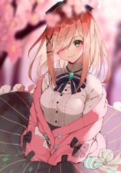 Rule 34 | 1girl, :3, bad id, bad twitter id, blurry, blurry background, blush, bow, bowtie, brooch, brown hair, cardigan, center frills, cherry blossoms, frills, green eyes, hair ornament, hair over one eye, highres, jewelry, lips, medium hair, meme attire, necklace, nijisanji, pantyhose, pink cardigan, pink sweater, ponytail, shirt tucked in, shotgunman, skirt, smile, solo, striped bow, striped clothes, striped legwear, striped pantyhose, striped skirt, suzuhara lulu, suzuhara lulu (1st costume), sweater, vertical-striped clothes, vertical-striped legwear, vertical-striped pantyhose, vertical-striped skirt, virgin killer outfit, virtual youtuber, wind, wind lift, x hair ornament