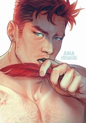 Rule 34 | 1boy, aira (loveisinthe aira), artist name, bara, blue eyes, boku no hero academia, chest hair, collarbone, ear piercing, endeavor (boku no hero academia), facial hair, feathers, holding, holding feather, looking at viewer, male focus, mustache, open mouth, patreon username, piercing, red feathers, short hair, sideburns, simple background, solo, teeth, white background