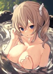 Rule 34 | 1girl, :o, absurdres, alternate breast size, barbara (genshin impact), bathing, blush, breasts, brown hair, cleavage, collarbone, completely nude, day, genshin impact, hand on own chest, highres, large breasts, long hair, looking at viewer, memekko, nipples, nude, onsen, outdoors, parted lips, partially submerged, purple eyes, solo, sunlight, twintails, upper body, water, wet, wet hair