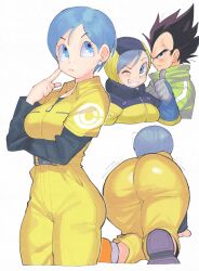 Rule 34 | 1boy, 1girl, ass, ass focus, blush, breasts, bulma, closed mouth, dragon ball, dragon ball super, dragon ball super super hero, from behind, gloves, highres, huge ass, inkerton-kun, jumpsuit, long sleeves, looking at viewer, lower body, medium breasts, muscular, muscular male, open mouth, short hair, smile, spiked hair, thick thighs, thighs, vegeta, yellow jumpsuit