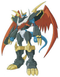 Rule 34 | 00s, armor, cannon, claws, digimon, digimon adventure 02, full armor, horns, imperialdramon, imperialdramon fighter mode, male focus, monster, no humans, official art, red eyes, scan, shoulder pads, solo, spikes, tail, white hair, wings