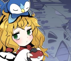 Rule 34 | 1girl, bags under eyes, black gloves, blonde hair, blush, closed mouth, commentary request, cookie (touhou), creatures (company), game freak, gen 2 pokemon, gen 4 pokemon, gloves, gram 9, green eyes, holding, holding poke ball, kirisame marisa, long hair, looking at viewer, mars (cookie), nintendo, no headwear, partially fingerless gloves, piplup, poke ball, pokemon, pokemon (creature), red scarf, scarf, touhou, tyranitar, upper body