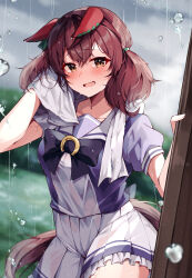 Rule 34 | 1girl, absurdres, animal ears, black bow, blue shirt, blurry, blurry background, blush, bow, breasts, brown eyes, brown hair, cloud, cloudy sky, depth of field, ears down, frilled skirt, frills, hair between eyes, hand up, highres, horse ears, horse girl, horse tail, misoni (mi so ni t), nice nature (umamusume), open mouth, outdoors, pleated skirt, puffy short sleeves, puffy sleeves, rain, shirt, short sleeves, skirt, sky, small breasts, solo, tail, towel, towel around neck, twintails, umamusume, water drop, wet, wet clothes, wet hair, wet shirt, white skirt