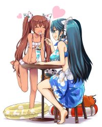 Rule 34 | 2girls, :d, bare shoulders, bikini, breasts, brown hair, cleavage, closed eyes, food, frilled bikini, frills, green hair, hair ribbon, hat, heart, holding, holding spoon, ice cream, isuzu (kancolle), kantai collection, large breasts, libeccio (kancolle), long hair, looking at another, midriff, mini hat, mizumoto tadashi, multiple girls, navel, open mouth, ribbon, simple background, sitting, smile, spoon, swimsuit, table, twintails, white background