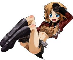Rule 34 | 1girl, black footwear, black gloves, black ribbon, black skirt, blue eyes, blush, boots, bra, braid, commentary request, crotch seam, embarrassed, epaulettes, frown, full body, girls und panzer, gloves, hair ribbon, invisible chair, jacket, knee boots, lace, lace-trimmed bra, lace-trimmed panties, lace trim, legs, long sleeves, looking at viewer, military, military uniform, miniskirt, navel, open mouth, orange bra, orange hair, orange panties, orange pekoe (girls und panzer), panties, parted bangs, pleated skirt, r-ex, red jacket, ribbon, short hair, sitting, skirt, skirt tug, solo, st. gloriana&#039;s military uniform, torn clothes, torn jacket, torn skirt, transparent background, twin braids, underwear, uniform