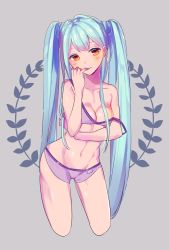 Rule 34 | 1girl, 6 (roku), bad id, bad pixiv id, blue hair, bra, cropped legs, finger to mouth, grey background, hatsune miku, highres, long hair, navel, omucchan (omutyuan), orange eyes, panties, solo, strap slip, twintails, underwear, underwear only, very long hair, vocaloid