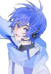 0qktb 1boy arms_at_sides blue_coat blue_eyes blue_hair blue_scarf clothes_lift coat floating_hair hair_between_eyes head_tilt headset highres kaito_(vocaloid) kaito_(vocaloid3) light_smile looking_at_viewer lower_teeth_only male_focus messy_hair multicolored_coat neckwear_lift parted_bangs parted_lips scarf shade sideways_glance simple_background teeth tsurime turtleneck two-tone_coat upper_body vocaloid white_background white_coat