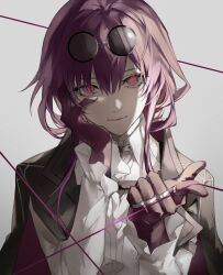 Rule 34 | 1girl, black jacket, chest harness, closed mouth, collared shirt, dappled sunlight, eyewear on head, gloves, grey background, hair between eyes, hand on own cheek, hand on own face, harness, highres, honkai: star rail, honkai (series), jacket, jewelry, kafka (honkai: star rail), long hair, long sleeves, looking at viewer, multiple rings, nozz177, pointing, pointing at viewer, purple eyes, purple gloves, purple hair, ring, round eyewear, shirt, sidelocks, simple background, smile, solo, sunglasses, sunlight, upper body, white shirt