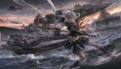 Rule 34 | 1girl, aircraft, airplane, animal ears, azur lane, black footwear, black skirt, boat, boots, historical name connection, knee boots, long sleeves, looking at viewer, maya (bilan hangxian), name connection, navel, neckerchief, red neckerchief, short hair, skirt, solo, stu dts, thighs, water, watercraft, white hair, yellow eyes
