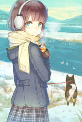 Rule 34 | 1girl, animal, anus, bird, blue coat, blue eyes, blue sky, blunt bangs, blush, breath, bridge, brown gloves, brown hair, can, closed mouth, coat, cowboy shot, day, dog, drink can, earmuffs, from behind, gloves, grey skirt, highres, holding, kuroyuki, long sleeves, looking at viewer, looking back, original, outdoors, plaid, plaid skirt, pleated skirt, riverbank, scarf, scenery, short hair, skirt, sky, snow, soda can, solo, standing, tareme, winter, winter clothes, winter coat, yellow scarf
