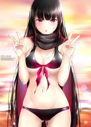 Rule 34 | 1girl, :o, beach, black hair, black scarf, blush, breasts, cleavage, commentary, double v, english commentary, fate/grand order, fate (series), highres, large breasts, lens flare, long hair, long scarf, multicolored clothes, multicolored scarf, navel, ocean, oryou (fate), patreon username, pixiv id, red eyes, red scarf, rei kun, scarf, slit pupils, solo, sunset, twitter username, v, very long hair