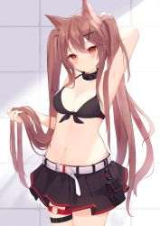 Rule 34 | 1girl, absurdres, angelina (arknights), animal ears, arknights, arm behind head, arm up, armpits, bare shoulders, belt, belt buckle, bikini, bikini top only, black bikini, black collar, black skirt, brown hair, buckle, collar, collarbone, commentary request, front-tie bikini top, front-tie top, hair between eyes, hair ornament, hairclip, head tilt, highres, holding, holding own hair, long hair, looking at viewer, mizu (lzzrwi603), navel, o-ring, pleated skirt, red eyes, skirt, solo, standing, swimsuit, thigh strap, twintails, very long hair, white belt, x hair ornament