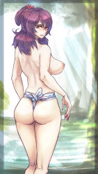 Rule 34 | 1girl, ass, blush, breasts, day, female focus, fingernails, fundoshi, gradient background, highres, japanese clothes, large breasts, long fingernails, looking back, nipples, oo gata ken, outdoors, perky breasts, purple hair, red eyes, solo, topfreedom, topless, touhou, yasaka kanako