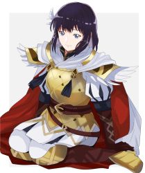 Rule 34 | 1girl, armor, belt, black hair, blue eyes, cape, commentary request, feather hair ornament, feather trim, feathers, fire emblem, fire emblem: thracia 776, fire emblem heroes, full body, hair ornament, nintendo, official alternate costume, olwen (fire emblem), puffy short sleeves, puffy sleeves, rem (eyes 410), scale armor, short hair, short sleeves, simple background, sitting, smile, solo, wariza, white background, white legwear
