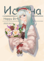Rule 34 | 1girl, absurdres, animal ears, arknights, bear ears, beige background, blue eyes, blue hair, bouquet, braid, character name, chinese commentary, comic sans, commentary request, cropped torso, dated, drop shadow, flower, hair flower, hair ornament, hairband, happy birthday, highres, holding, holding flower, istina (arknights), istina (bibliosmia) (arknights), liu liaoliao, long hair, long sleeves, looking at viewer, monocle, official alternate costume, red hairband, red neckwear, solo, twin braids, upper body, white flower