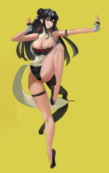 Rule 34 | alchemy stars, armlet, black footwear, black hair, black leotard, breasts, center opening, china dress, chinese clothes, cleavage, double bun, dress, fighting stance, gloves, gluteal fold, hair between eyes, hair bun, highres, large breasts, leotard, long hair, looking to the side, nyanom, partially fingerless gloves, pelvic curtain, pink eyes, skindentation, smile, standing, standing on one leg, teeth, tiptoes, white dress, white gloves, yao (alchemy stars), yellow background