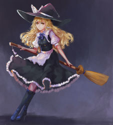 Rule 34 | 1girl, apron, backlighting, black background, black dress, black footwear, blonde hair, boots, bow, braid, breasts, brooch, broom, broom riding, collar, dress, frilled dress, frills, full body, gradient background, hair bow, hat, hat bow, hat ornament, high heel boots, high heels, highres, jewelry, kirisame marisa, knee boots, lips, long hair, looking at viewer, ribbon, ribbon trim, single braid, smile, solo, touhou, witch hat, xuetu13, yellow eyes