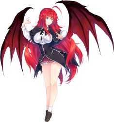 Rule 34 | 1girl, blue eyes, breasts, demon wings, high school dxd, highres, large breasts, long hair, looking at viewer, miyama-zero, red hair, rias gremory, solo, standing, white background, wings
